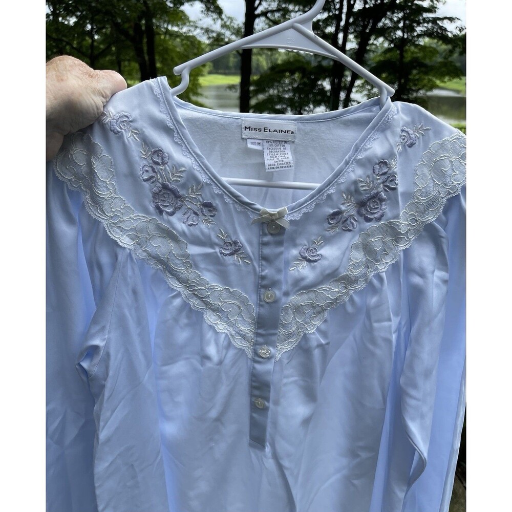 Vtg Miss Elaine Blue Lightly Flannel Lined Silky Night Gown Embroider Sz Medium